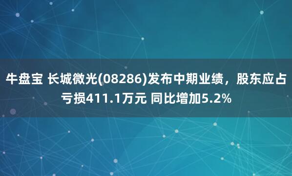 牛盘宝 长城微光(08286)发布中期业绩，股东应占亏损411.1万元 同比增加5.2%